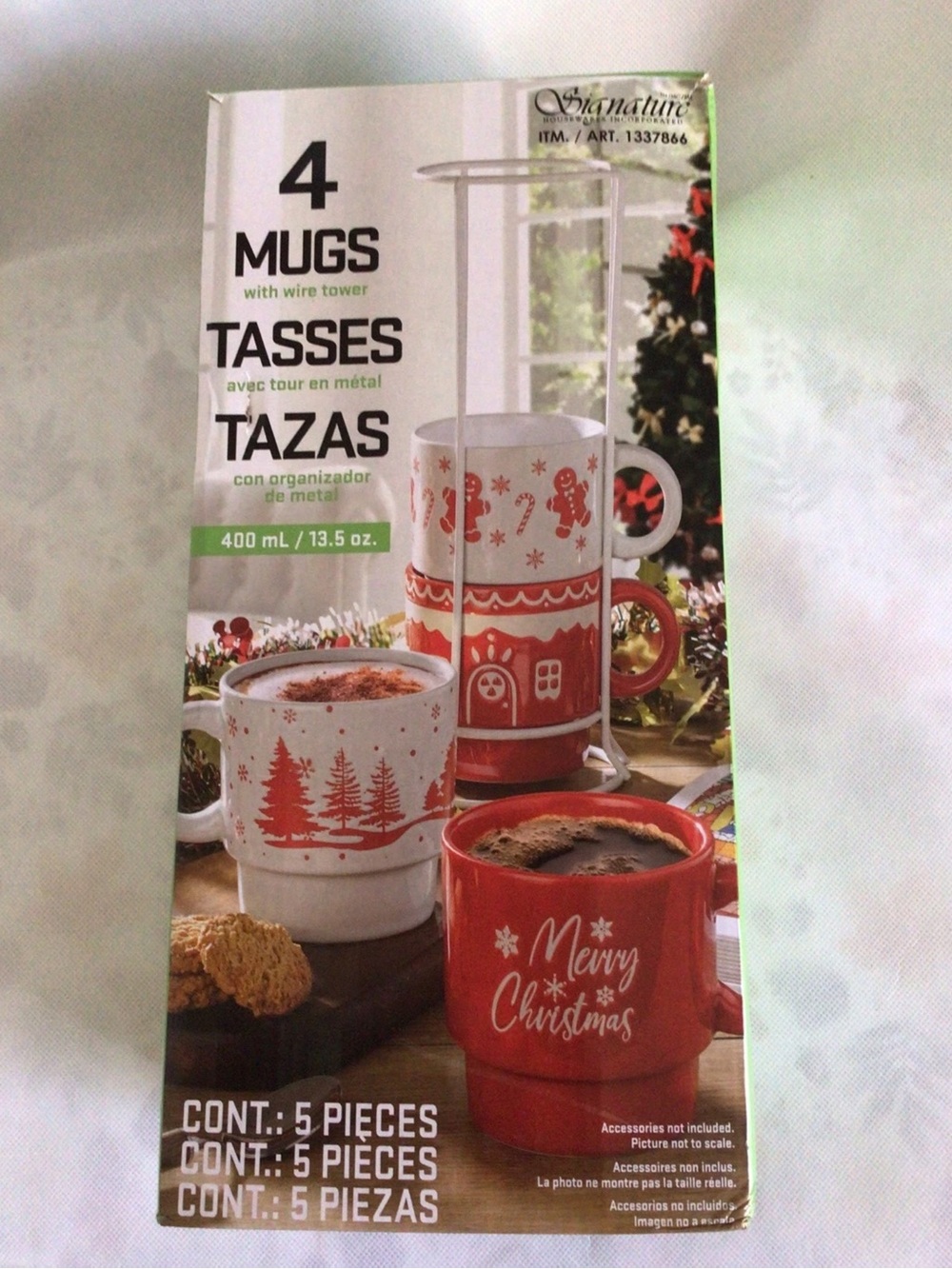 SIGNATURE HOUSEWARES S/4 HOLIDAY STONEWARE MUGS W/ WHITE WIRE TOWER STORAGE New